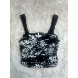 NWT Free People Two Tone Ruched Floral Picot Trim Tank Top Black Combo Large